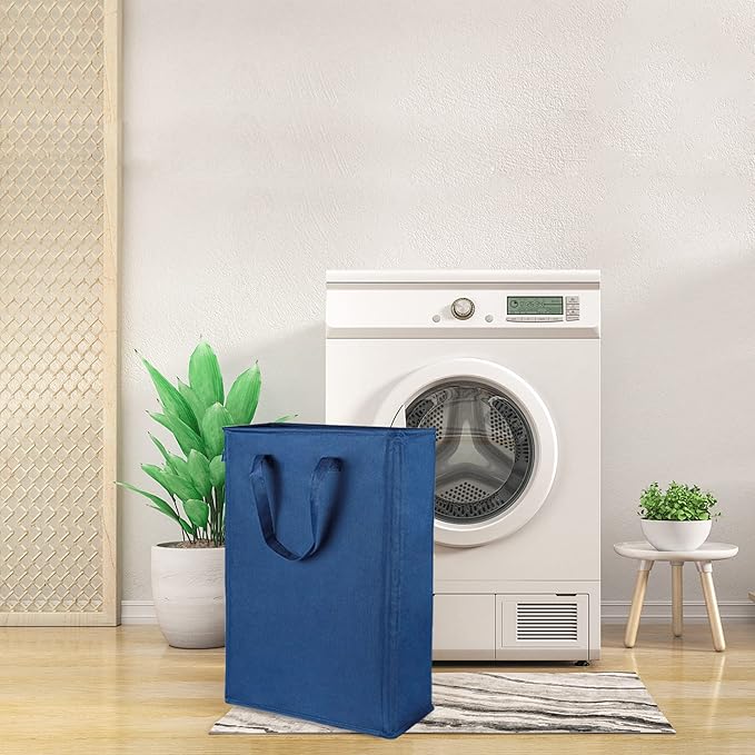 Odonata Slim Laundry Hamper Handles Collapsible Laundry Basket Thin Dirty Clothes Basket Narrow Laundry Bag Foldable Dirty Hamper 45L (Navy blue)