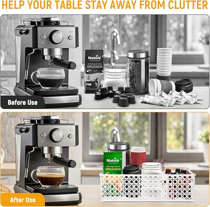 Metal Coffee Bar Organizer Countertop With Handles, Station Accessories, Pods Holder, and Tea Condiment Organizer - Mesh White