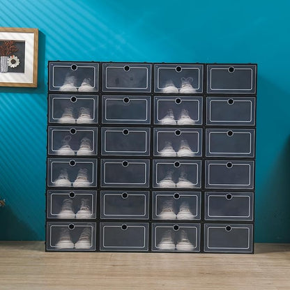 24 Pack Stackable Shoe Boxes with Clear Lids - Foldable Shoe Storage Organizer for Closet Cabinet, Color Options for Sneakers Flats Home Organization (Black)