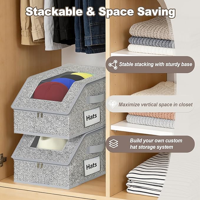 Hat Organizer for Baseball Caps 1 Pack Grey, Holds 15 Caps Hat Storage Hat Box, Closet Organizers and Storage for Closet/Shelf/Bedroom, Baseball Hat Organizer for Men Women