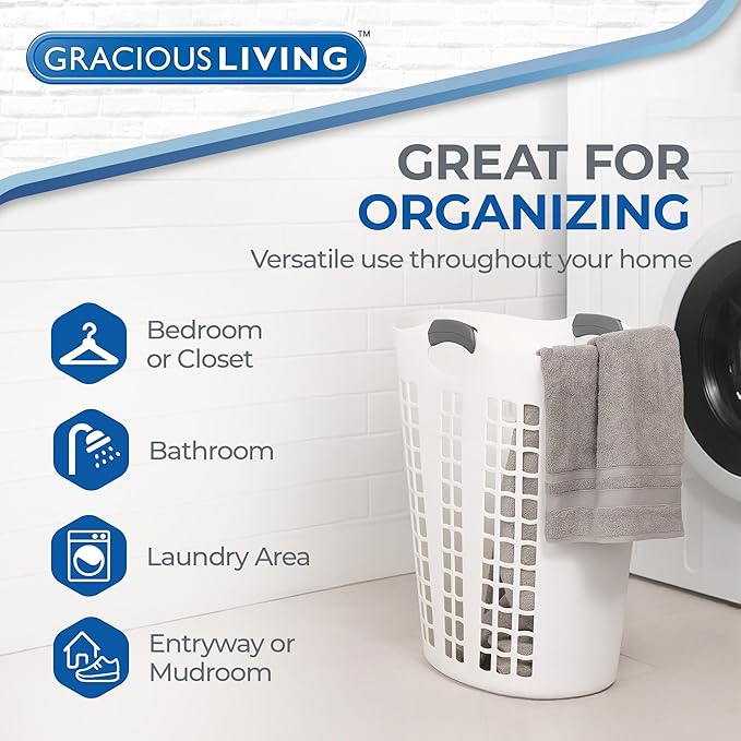 Gracious Living Laundry Basket, Easy Carry Flex Collapsible Hamper, 87.5 Liters, White - Large Plastic Clothes Storage Organizer for Home, Bathroom, and Bedroom