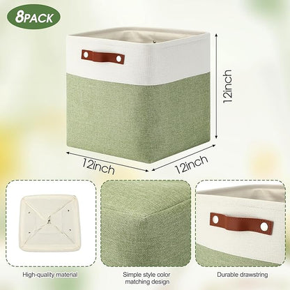 Uiifan 8 Pack 12 x 12 x 12 Inch Large Storage Baskets Collapsible Fabric Storage Cubes Bins with Handles for Shelves Closets Nursery Home Clothes Toys Organizers, Green