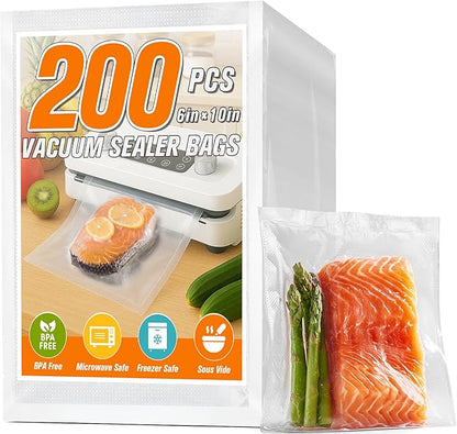 FUNFERY Precut Vacuum Sealer Bags for Food, 200 Pint 6" x 10", Food Long-Term Storage and Sous Vide Commercial-Grade Bag, BPA Free for Microwave, Boiling,Sous Vide, Refrigerator
