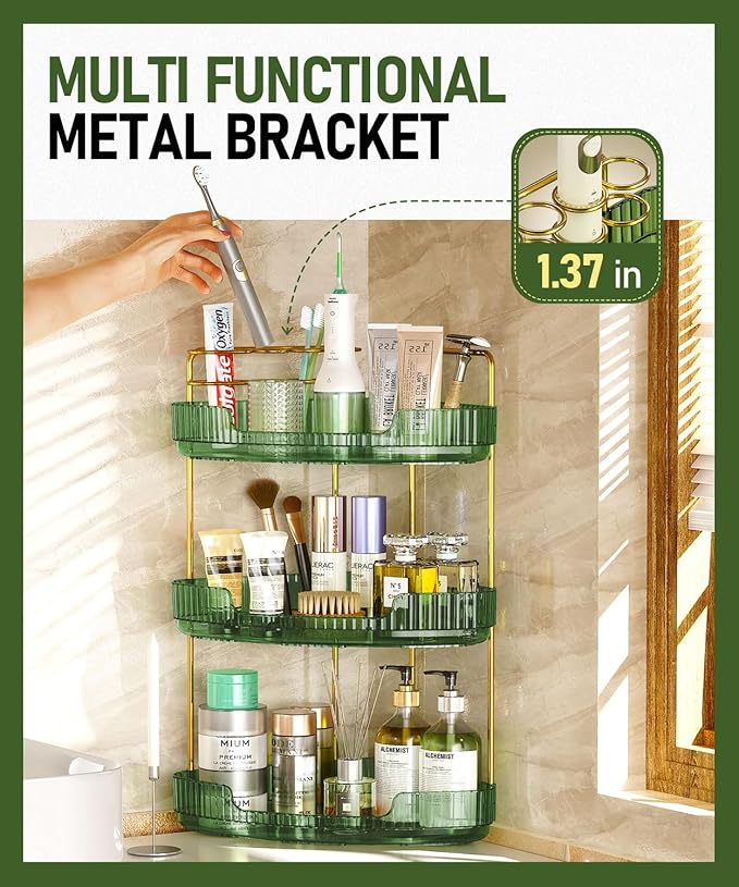 EUHOME 3-Tier Corner Bathroom Counter Organizer Makeup Cosmetic Storage, Tool-Free Installation Acrylic Vanity Shelf, Skin Care Organizer Perfume Tray for Countertop Bathroom, Dresser, Kitchen (Green)