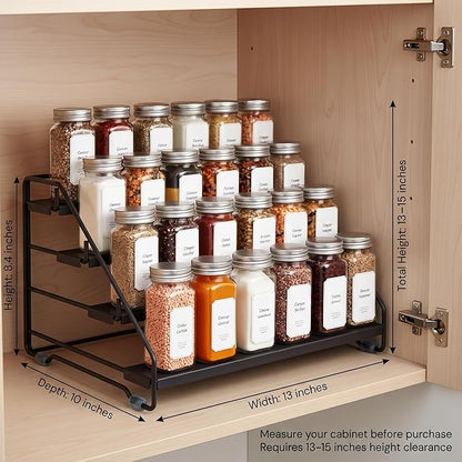 4 Tier Spice Rack Organizer for Cabinet, Step Adjustable Spice Shelf Seasoning Organizer with Non Slip Tiers, Expandable Metal Spice Rack for Kitchen Countertop, Pantry, Cupboard – Black