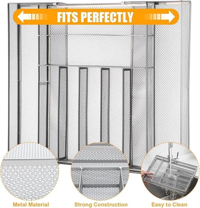 2 Pcs Utensil Drawer Silverware Organizer, Metal Mesh Expandable 13" ~24" Kitchen Drawer Organizer, 7-9 Slots Cutlery Tray Dividers for Kitchen Flatware Christmas Housewarming Gift (Sliver)