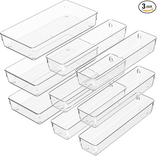 3 Pack Clear Plastic Drawer Organizer Tray Cutlery Utensil Makeups Drawer Silverware Organizers 12" X 6"&12＂X3＂(9Pack)
