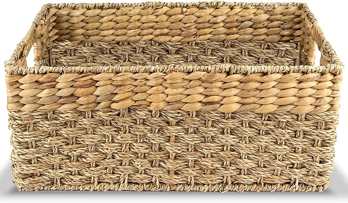 Large Wicker Storage Baskets with Handles, Natural Seagrass and Hyacinth Woven Storage Basket for Organizing Shelves, Closet, Pantry, Living Room, 17 x 11 x 7.5 Inches