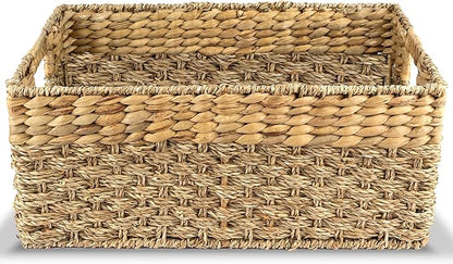 Large Wicker Storage Baskets with Handles, Natural Seagrass and Hyacinth Woven Storage Basket for Organizing Shelves, Closet, Pantry, Living Room, 17 x 11 x 7.5 Inches