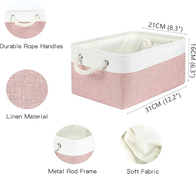 Storage Bins with Sturdy Cotton Handles(1 Pack), Fabric Storage Baskets for Organizing use for Office & Home, Book, Clothes, Toys, Closet Boxes (Small, Pink-White, 12.2x8.3x6.3 inches)