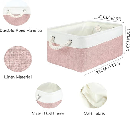 Storage Bins with Sturdy Cotton Handles(1 Pack), Fabric Storage Baskets for Organizing use for Office & Home, Book, Clothes, Toys, Closet Boxes (Small, Pink-White, 12.2x8.3x6.3 inches)
