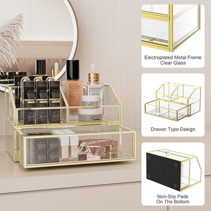FSyueyun Makeup Organizer for Vanity, Clear Glass Drawer Organization and Storage Jewelry Display Case Gold Cosmetics Storage Lipstick Organizer Tray Perfumes for Bathroom Counter or Dresser