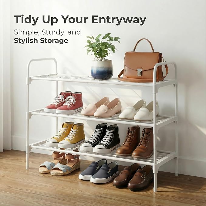 3-Tler Shoe Rack Organlzer, Rustproof lron, Spaclous Shoe Storage Shelf for Closet or Entryway, Fits Sneakers & Slippers, White