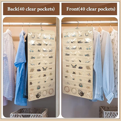 Kenning 6 Pcs Hanging Jewelry Pocket Organizer Storage Roll with 80 Pockets, Dual Sided Hanging Women Jewelry Holder Accessories Holder Closet Earring Storage for Necklace Bracelet Ring