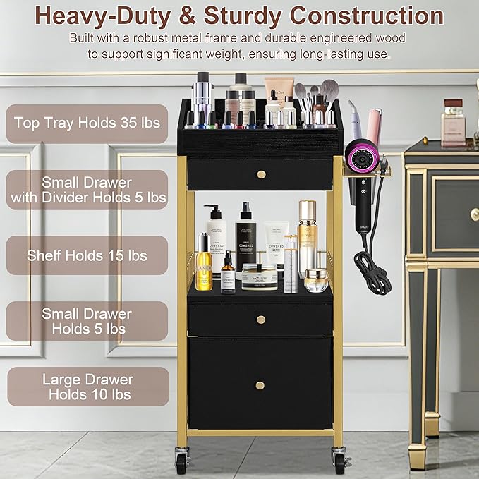 Makeup Organizer Cart with 3 Drawers, Rolling Vanity Organizer with Detachable Hair Tool Holder & Wheels, Floor Makeup Storage Cart for Skincare, Perfume, Nail Polish, Gold & Black