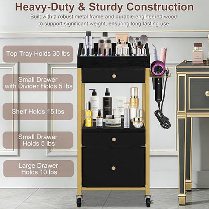 Makeup Organizer Cart with 3 Drawers, Rolling Vanity Organizer with Detachable Hair Tool Holder & Wheels, Floor Makeup Storage Cart for Skincare, Perfume, Nail Polish, Gold & Black