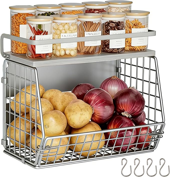 Wire Fruit Basket 2 IN 1 Magnetic & Hanging Wall Produce Basket with Spice Rack for Potato Onion Vegetable Storage for Pantry,Kitchen Countertop and Fridge Organizer