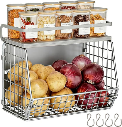 Wire Fruit Basket 2 IN 1 Magnetic & Hanging Wall Produce Basket with Spice Rack for Potato Onion Vegetable Storage for Pantry,Kitchen Countertop and Fridge Organizer