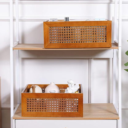 Wooden Storage Basket Set of 2 Handmade Rattan Drawer Storage Box with Frame & Handles Decorative Natural Bamboo Woven Bins Rustic Farmhouse Decor Home Office Tabletop Shelf Organizer