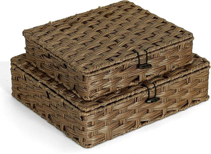 Plastic Wicker Storage Baskets with Lids, 2-Pack Woven Rattan Organizer Bins with Locking Button, Decorative Flat Storage Boxes, 11"x9.25"x2.75" & 13"x11.2"x3.5", Brown