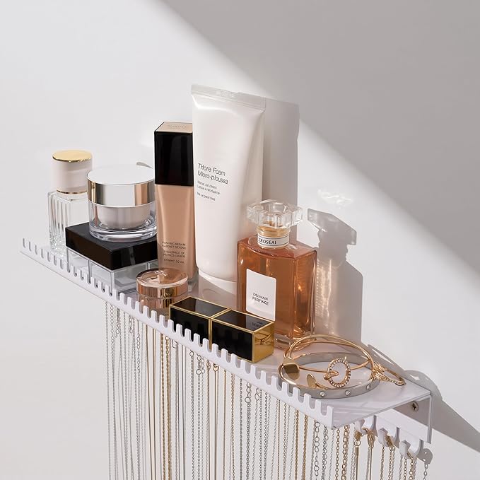 Necklace Holder Wall Hanging Organizer: Wall Mounted Jewelry Shelf with 56 Hooks and Tray, Display Hanger for Kids, Girls and Women, White & Metal