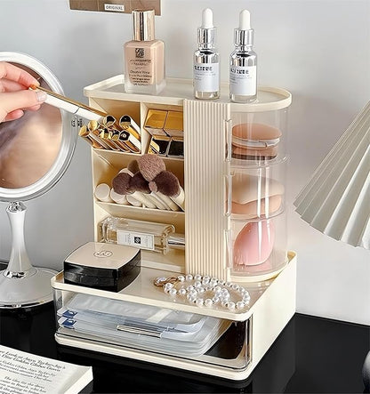 Makeup Organizer with 3 Rotating & Dustproof Drawers, Large Capacity Cosmetic Storage Box with Makeup Brush Holder, Make up Organizers for Vanity, Dresser, Bathroom (Yellow)