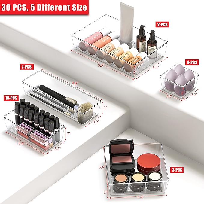 Simple Houseware 30 PCS Clear Plastic Drawer Organizers Set, 5-Size for Makeup, Bathroom, Bedroom and Office