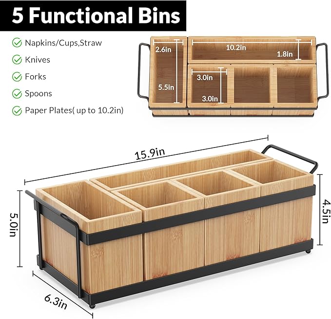 Silverware Holder for Party, Utensil Caddy with 5 Removable Bins, Bamboo Holder for Organize Plastic Silverware, 7" to 10" Paper Plates, Napkins