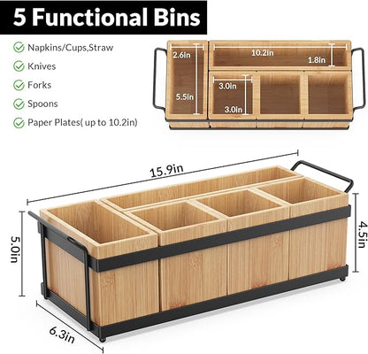 Silverware Holder for Party, Utensil Caddy with 5 Removable Bins, Bamboo Holder for Organize Plastic Silverware, 7" to 10" Paper Plates, Napkins