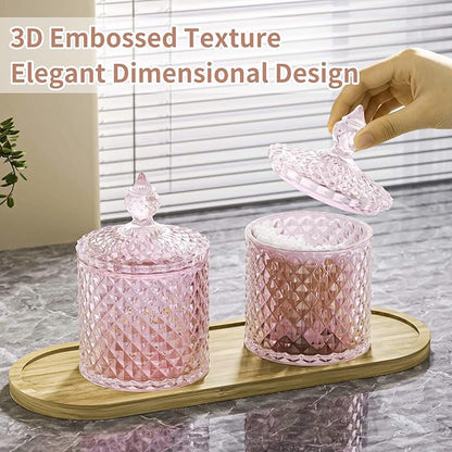 3Pack Pink Glass Qtip Holder Set with Bamboo Tray - 10oz Diamond-Facet Apothecary Jars with Lids - Bathroom Canisters for Cotton Swabs, Balls, Pads & Floss Picks - Vanity Storage Organizer