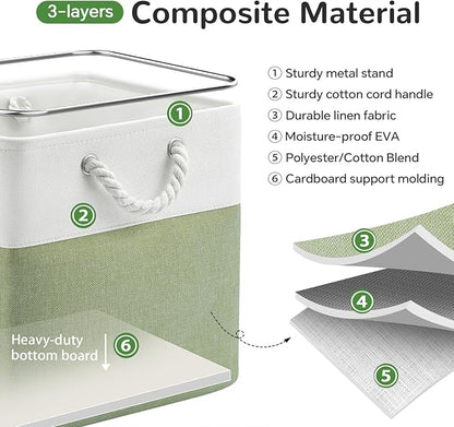 13 x 13 Inch Cube Storage Bins, 6 Pack Fabric Storage Basket with Handles, Foldable Boxes Organizer for Shelf Baskets for Home, Clothes (White/Green)