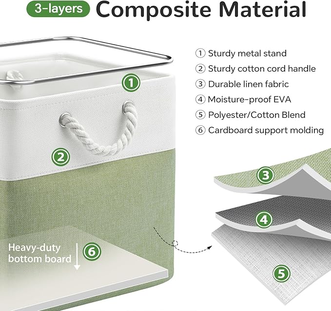 12 x 12 Inch Cube Storage Bins, 4 Pack Fabric Storage Basket with Handles, Foldable Boxes Organizer for Shelf Baskets for Home, Clothes (White/Green)