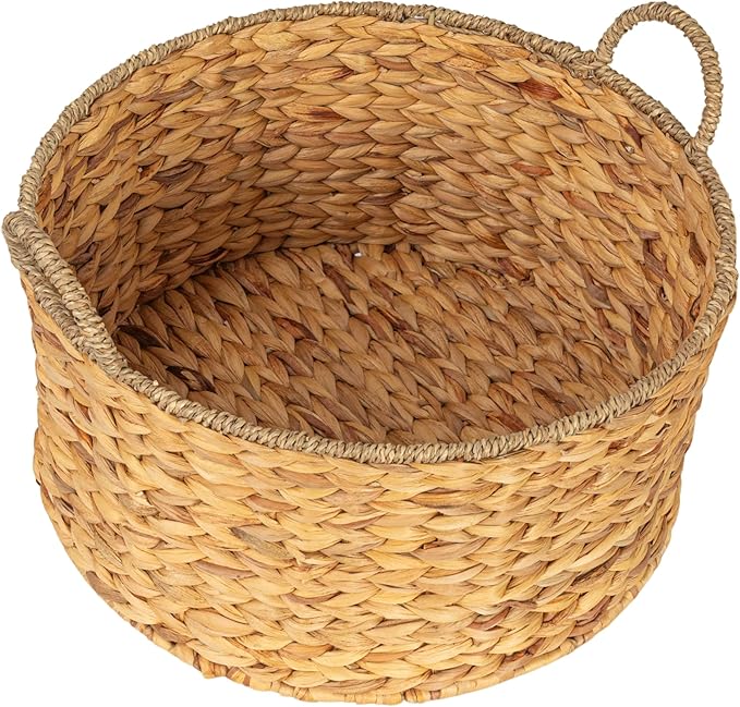 Household Essentials Round Handwoven Water Hyacinth and Seagrass Basket with Handles, Natural