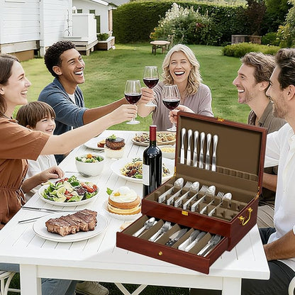 Walnut Silverware Storage Box,Silverware Flatware Case with Felt Lined,Flatware Storage Box for 12 sets of Utensils,Silverware Chest without Silverware,Silverware Organizer with Lid