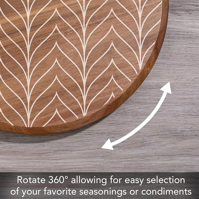 CounterArt Decorative Round Natural Wood Lazy Susan Turntable 14" Diameter Condiment Caddy, Cheese Server, Cake Plate, Spice Organization (White Chevron)