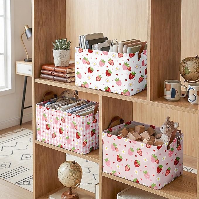 3 Pack Strawberry Storage Baskets for Gifts Strawberry Empty Large Collapsible Toy Storage Bins Box Pink Canvas Baskets Organizer with Handles Cute Nursery Decor Laundry Basket for Shelves Closet
