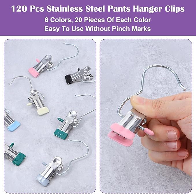 120 Pcs Legging Organizer for Closet Hanging - Stainless Steel Jeans Hangers with Clips, Multi-Purpose Skirt Hangers with Clips for Pants, Shorts, Towels, Boots Storage and Space Saving Solution