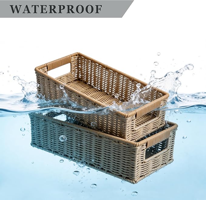 Rectangular Toilet Paper Baskets, 16 ¼"L x 6 ¾"W x 4 ½"H Nesting Plastic Wicker Basket with Built-in Handles, Woven Long Narrow Baskets for Pantry Bathroom Toilet Tank Top Countertop, 2 Pack