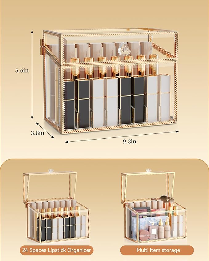 Youdepot Lipstick Organizer Holder - 24 Spaces, Tempered Glass Lip Gloss and Perfume Organizer,Vanity Lipstick Holder and Organizer.
