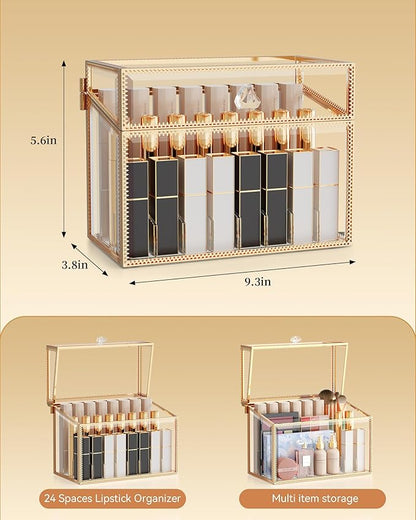 Youdepot Lipstick Organizer Holder - 24 Spaces, Tempered Glass Lip Gloss and Perfume Organizer,Vanity Lipstick Holder and Organizer.