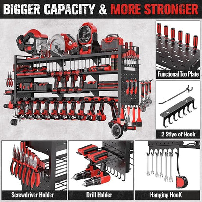 49.8" W Super Large Power Tool Organizer Wall Mount,4-Layer Heavy Duty Tool Storage with 18 Cordless Drill Holder,600 lb Capacity Garage Organization for Garage and Workshop (Black)