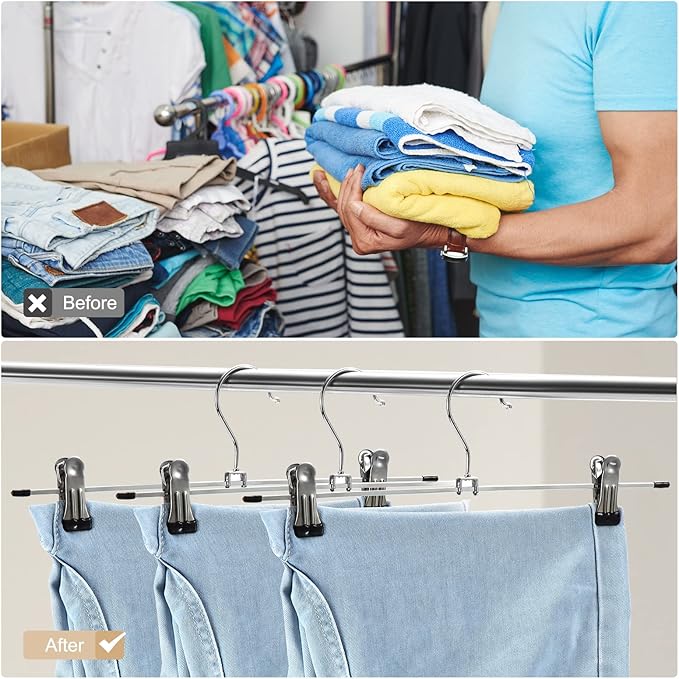 GUANJUNE Pants & Skirt Hangers with Adjustable Non-Slip Clips, Space Saving Metal Hangers for Coat, Garment, Jeans & Kids Adults (20 Pack)