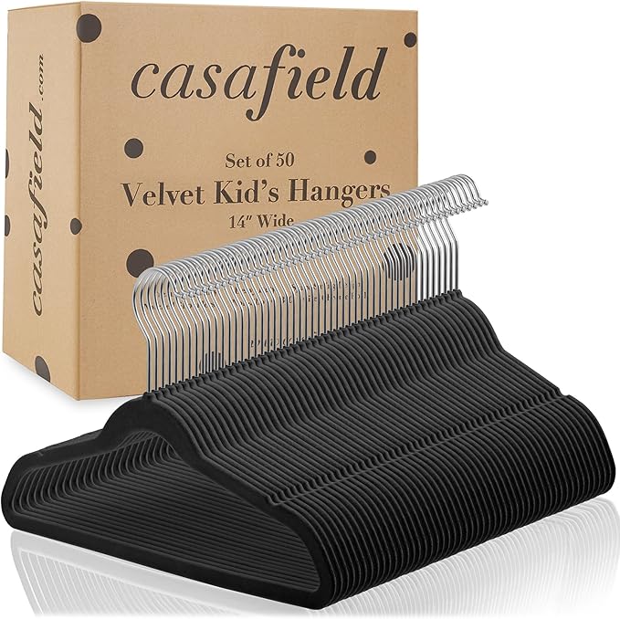 Casafield 50 Velvet Kid's Hangers - 14" Size for Children's Clothes - Black