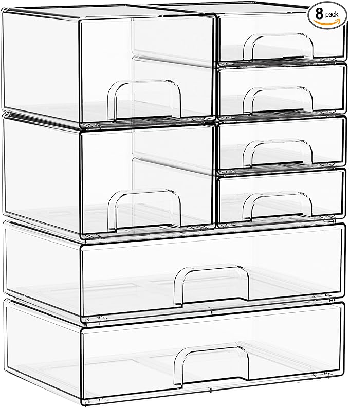 Yieach 8 Pack Clear Stackable Storage Drawers,Acrylic Drawer Organizer for Medicine,Palettes,Hair Accessories and Makeup Organizer,Plastic Drawers for Cabinet,Office,Desk,Bathroom Storage Containers