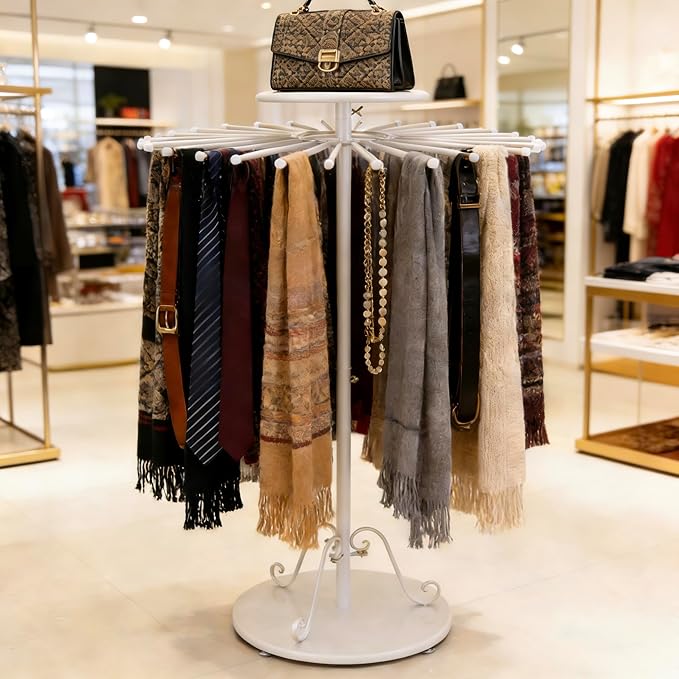White 360°Rotating Scarf Display Tie Rack Belt Hanger Shawl Hijab Stand, Boutique Retail Display Stand Home Organizer Holder for Commercial Clothing Store, Bedroom(49.2in,30 Hanging Rods)