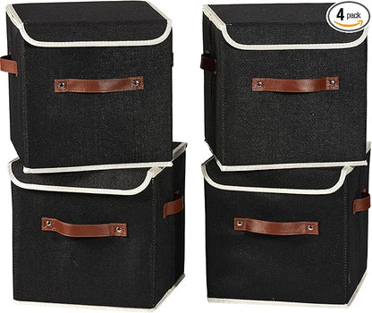 4PCS Storage Cubes with Lid Fabric Storage Bins Boxes PU Leather Handles Cotton Linen Closet Organizer Container Decorative Foldable Washable Shelf Cloth Basket (Flip-top Lid, Black, 11in)