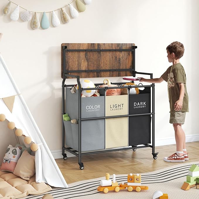 Hoctieon 3 Section Laundry Sorter Cart with Ironing Board, Laundry Hamper Basket with Shelf and Wheels, Heavy Duty Clothes Organizer, Large Clothes Separator with Removable Bags, Black+Gray+Beige