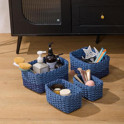 4PCS Woven Storage Baskets Set, Small Baskets for Organizing, Square Handwoven Paper Rope Organizer Bins for Shelves and Home Storage (Blue)