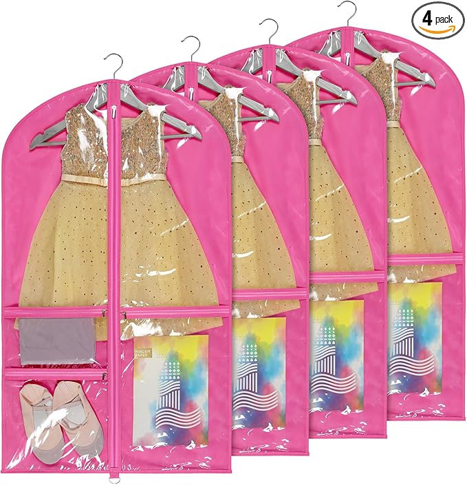 Univivi Dance Costume Bags Garment Bag 40 Inch Hanging Clothes for Dance Competitions, with 3 Medium Clear Zipper Pockets for Dance Costumes, Closet Storage (Rose Red) - 4 Pack