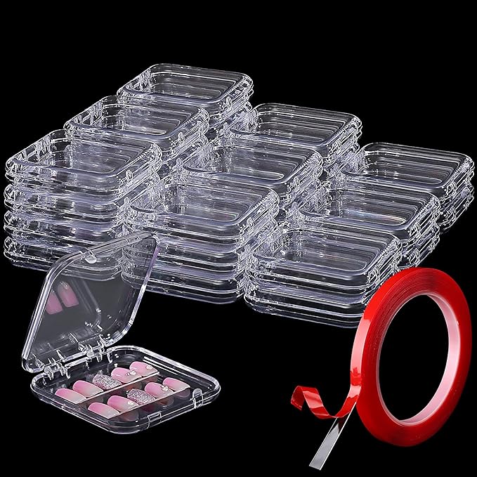 Noverlife 27 Set Press-On Nail Packaging Display Box w/ Adhesive Tape, 3x3" Clear Fake Nail Storage Container